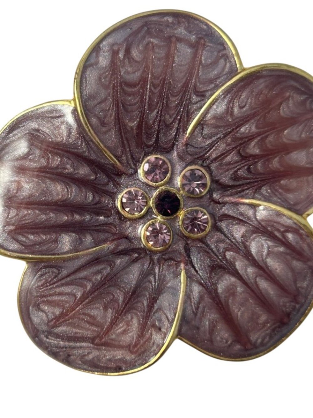 Vintage Pansy Flower Brooch Pin Purple Enamel Rhinestones Gold Tone